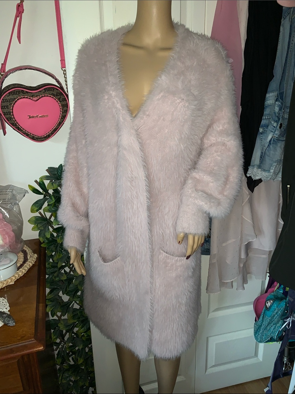 Pink fluffy furry vegan angora fur wrap sweater cardigan coat L